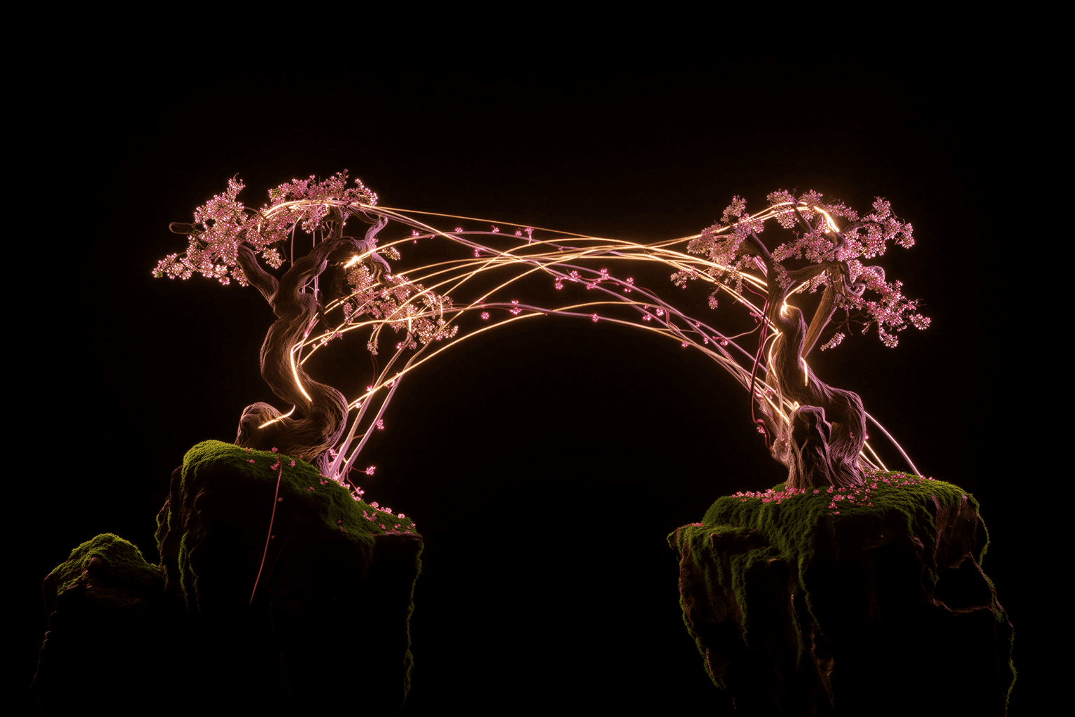 Two trees connected by glowing arcs